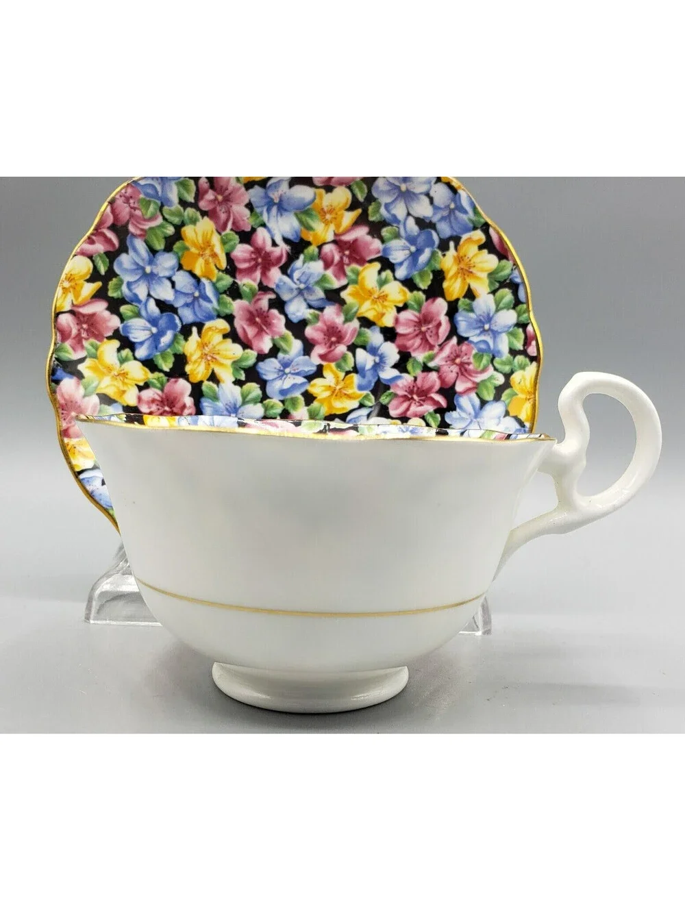 Vtg Radfords Teacup & Saucer Chintz Bone China England 8561 Pink Blue Yellow